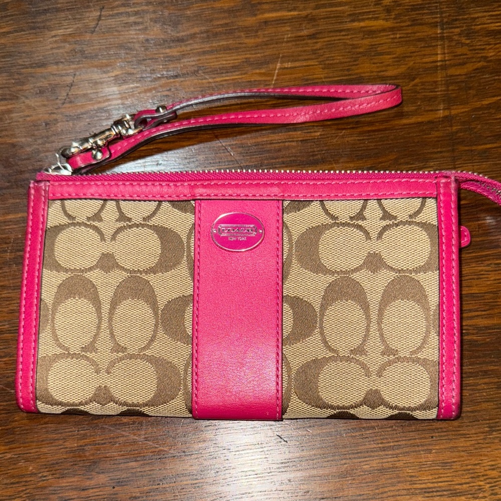 Coach Retired Signature Tan and Pink Wristlet